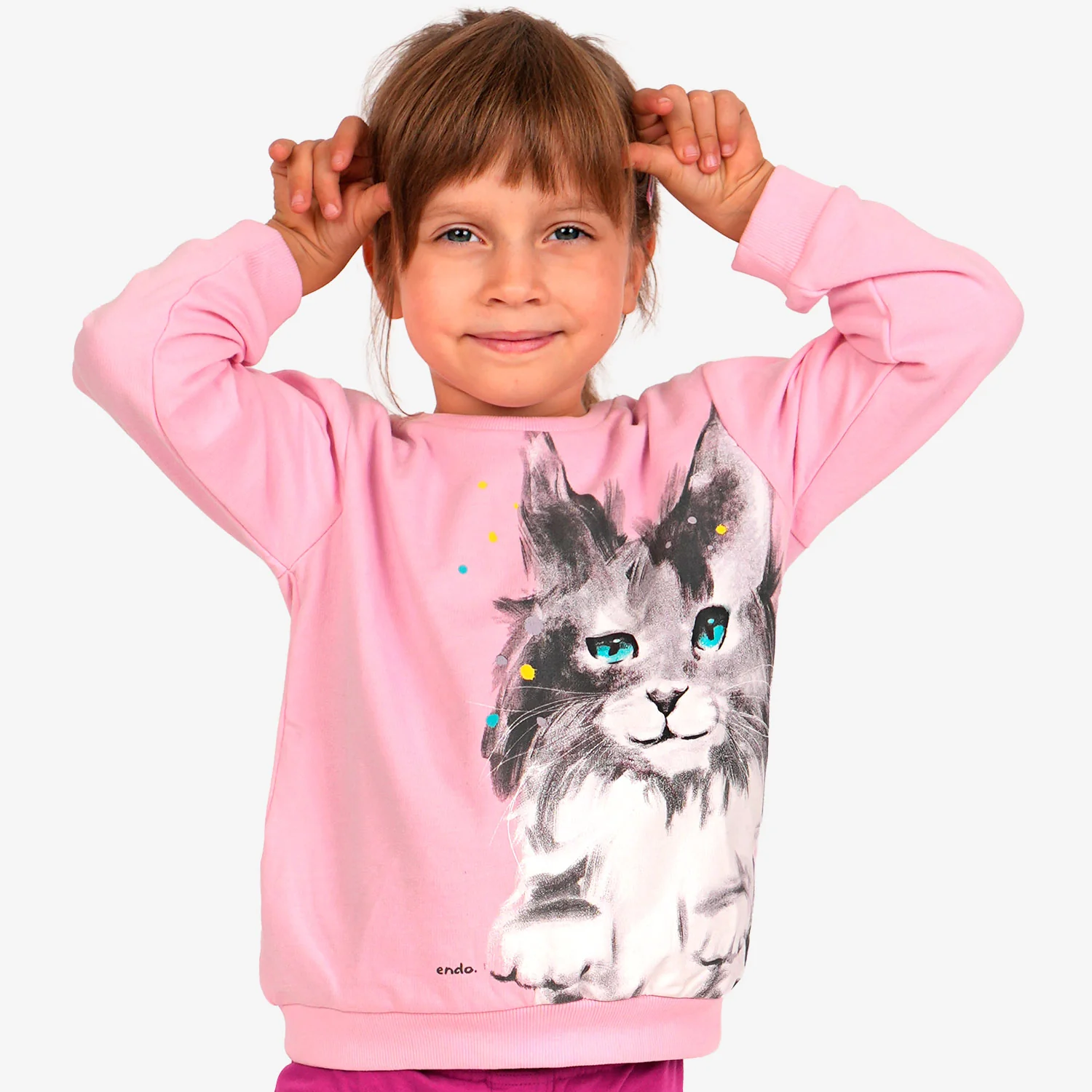 Bluza z długim rękawem dla dziewczynki, z kotem, różowa 3-8 lat - Image 2