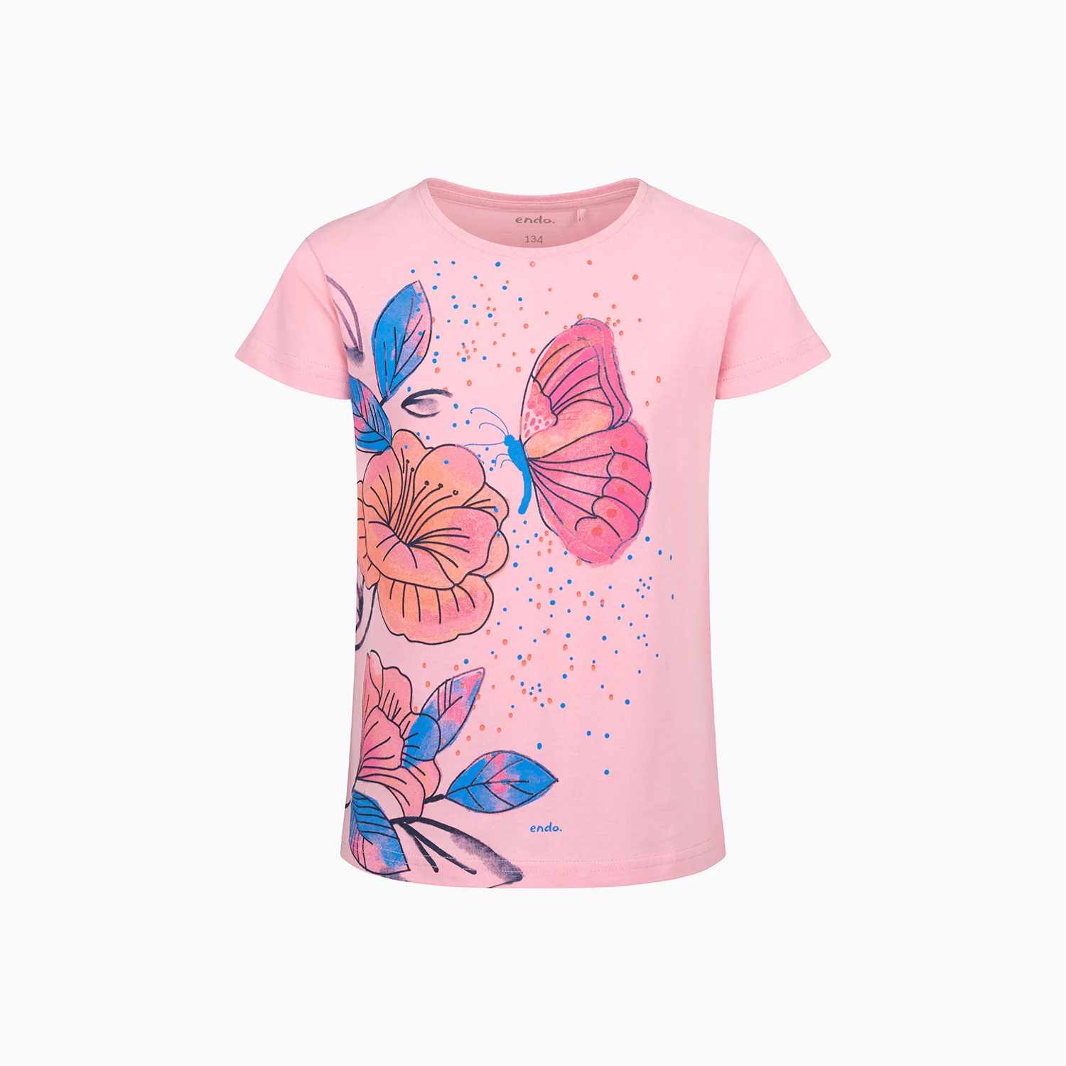 T-shirt z krótkim rękawem dla dziewczynki, z motylem i kwiatami, różowa 9-13 lat