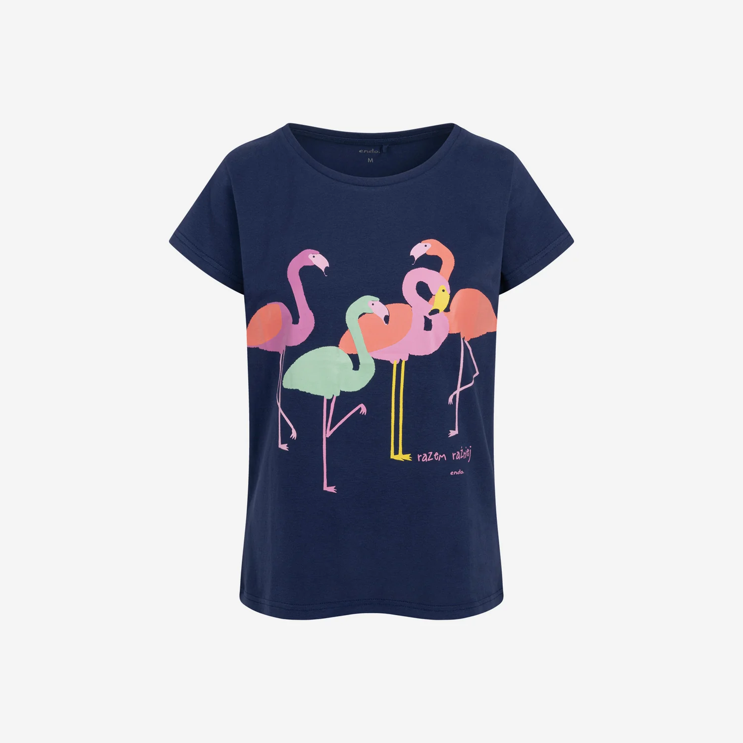 Damski t-shirt z krótkim rękawem, z flamingami, granatowy