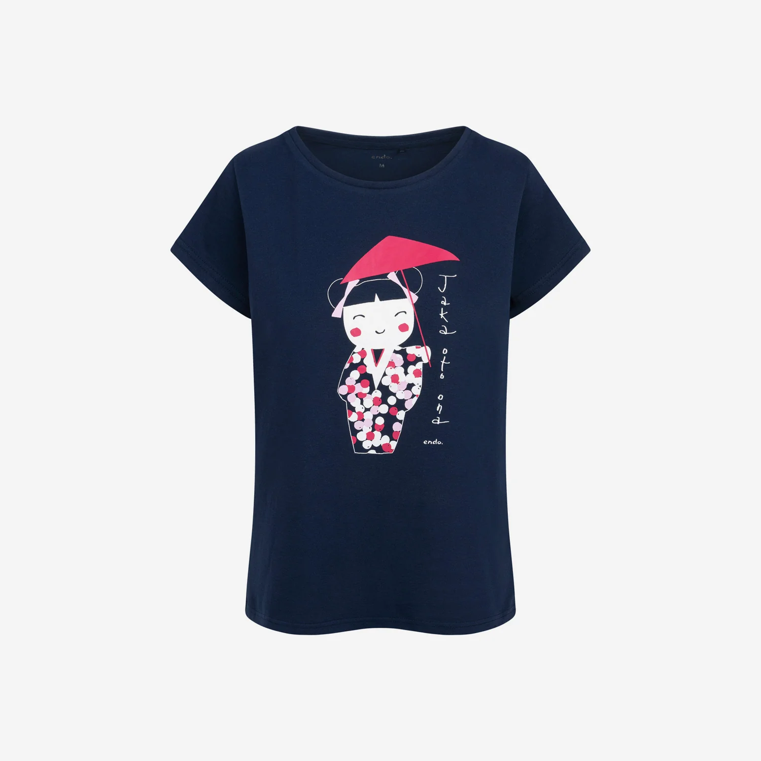 Damski t-shirt z krótkim rękawem, z gejszą, granatowy