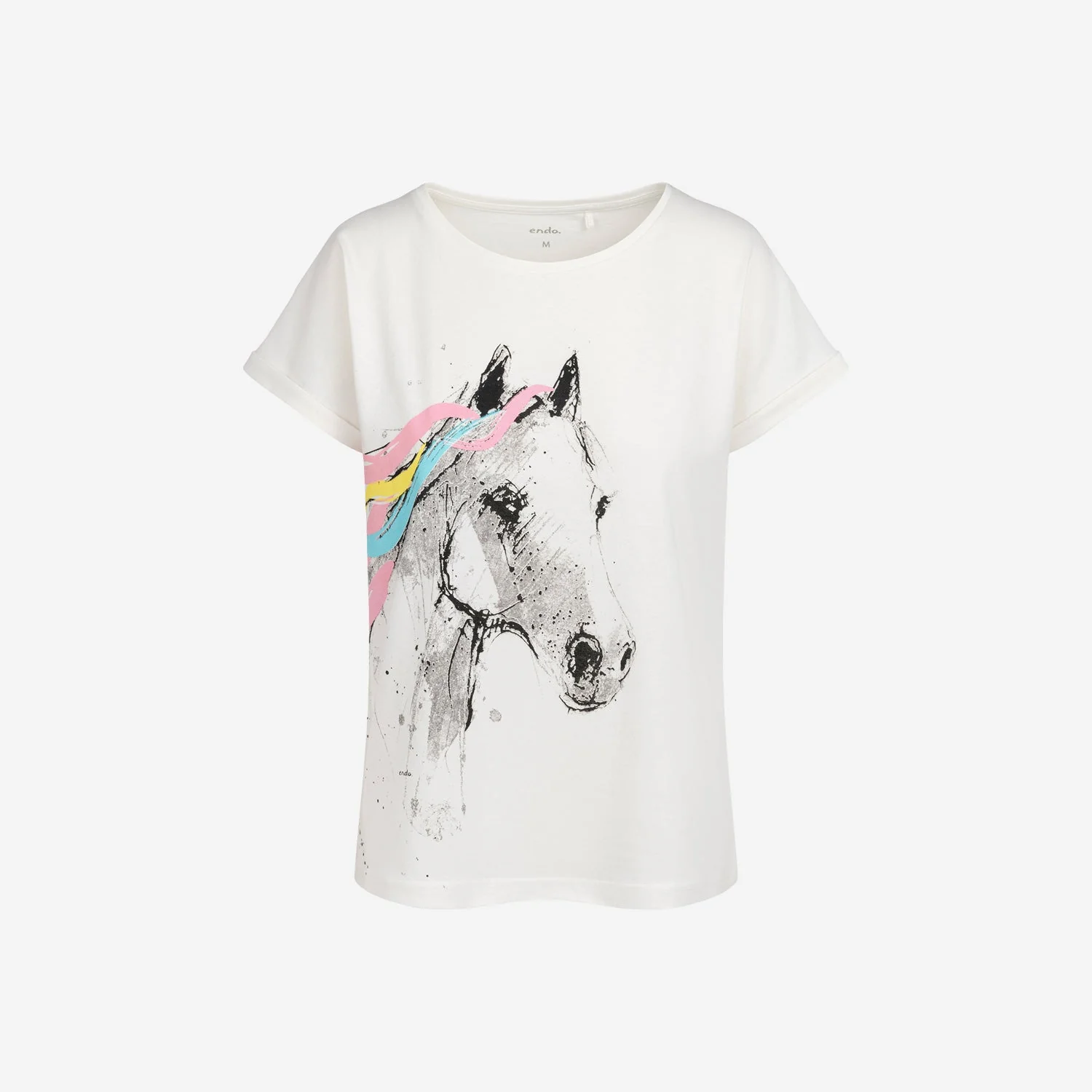 Damski t-shirt z krótkim rękawem, z koniem, Kremowy
