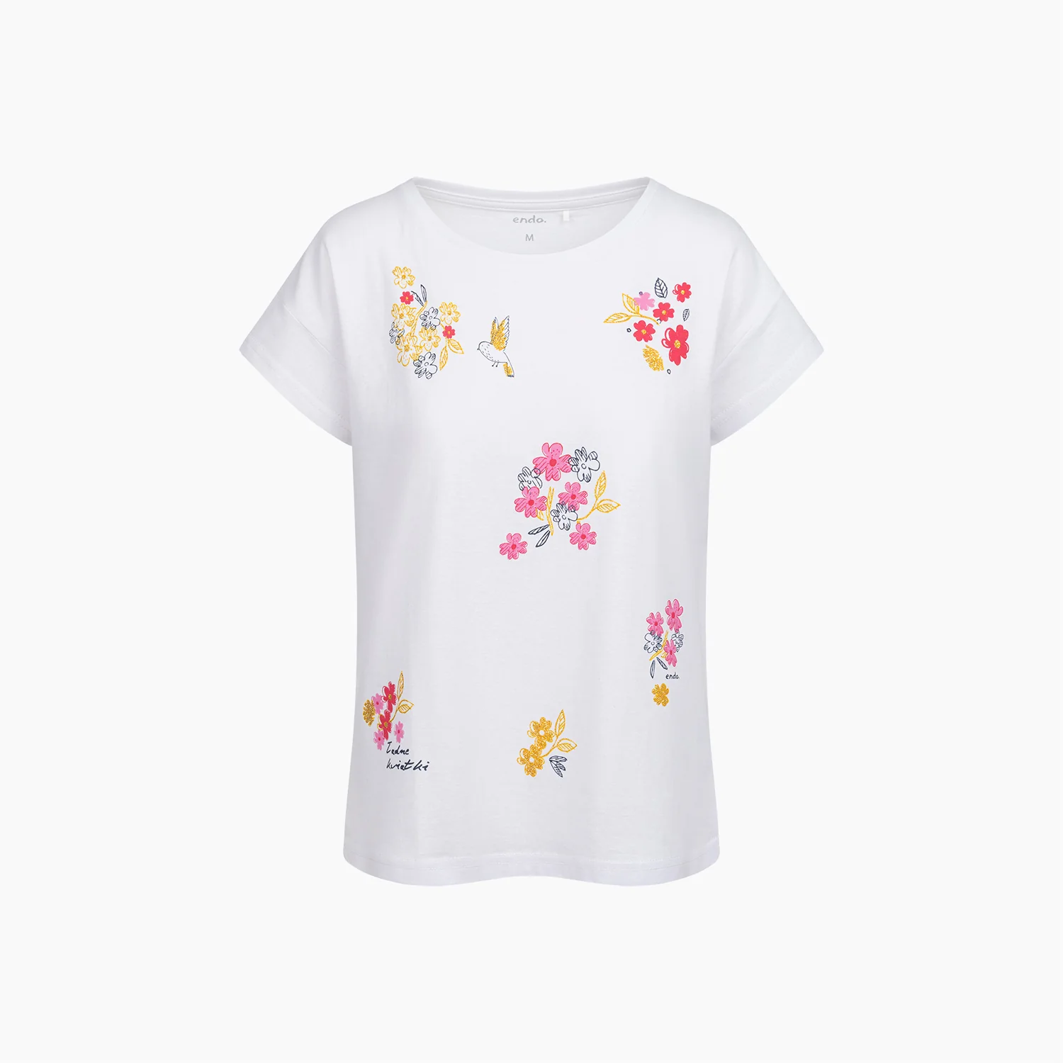 Damski t-shirt z krótkim rękawem, z kwiatkami, biały