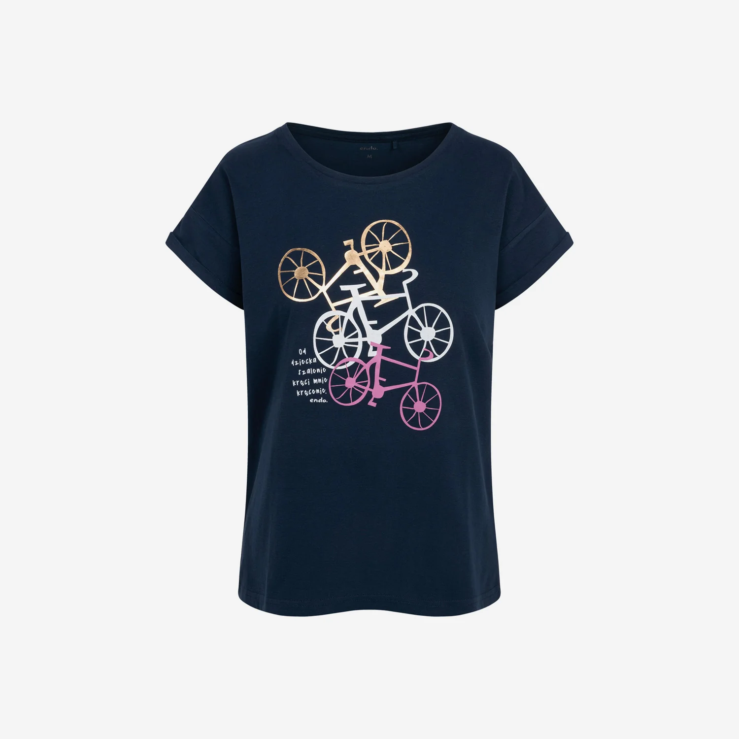 Damski t-shirt z krótkim rękawem, z motywem rowerowym, granatowy