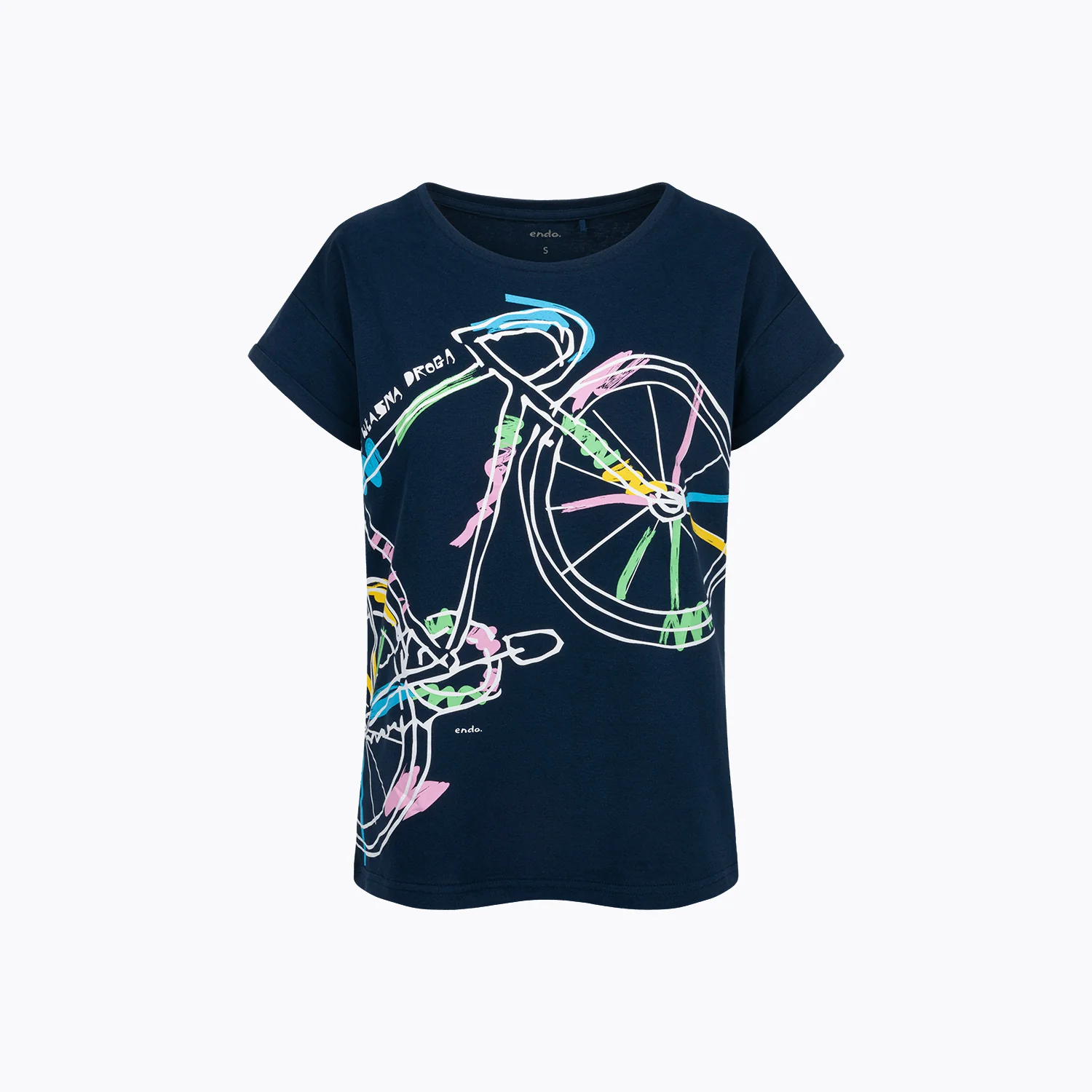 Damski t-shirt z krótkim rękawem, z rowerem, granatowy