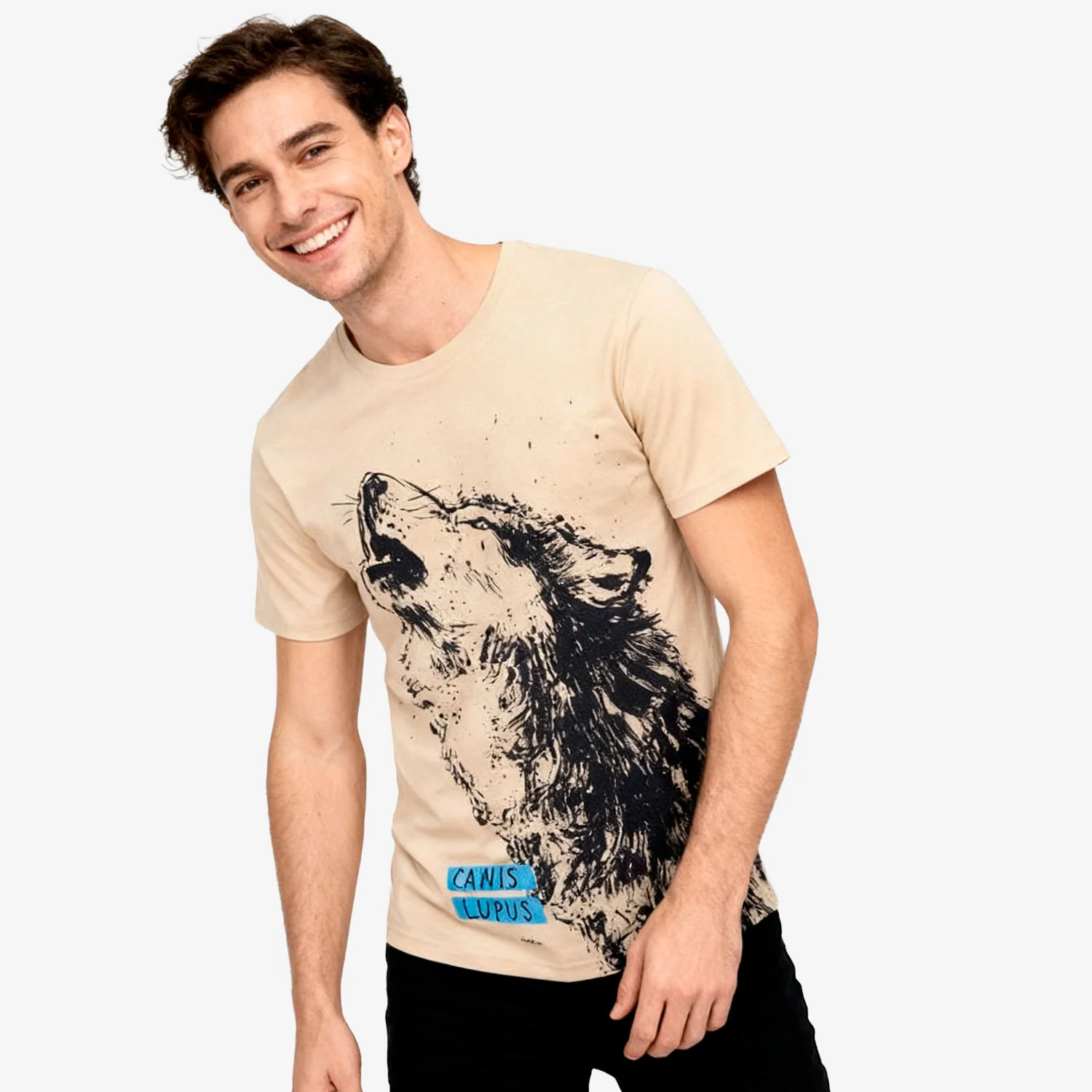 Męski t-shirt z krótkim rękawem, z wilkiem, beżowy - Image 2