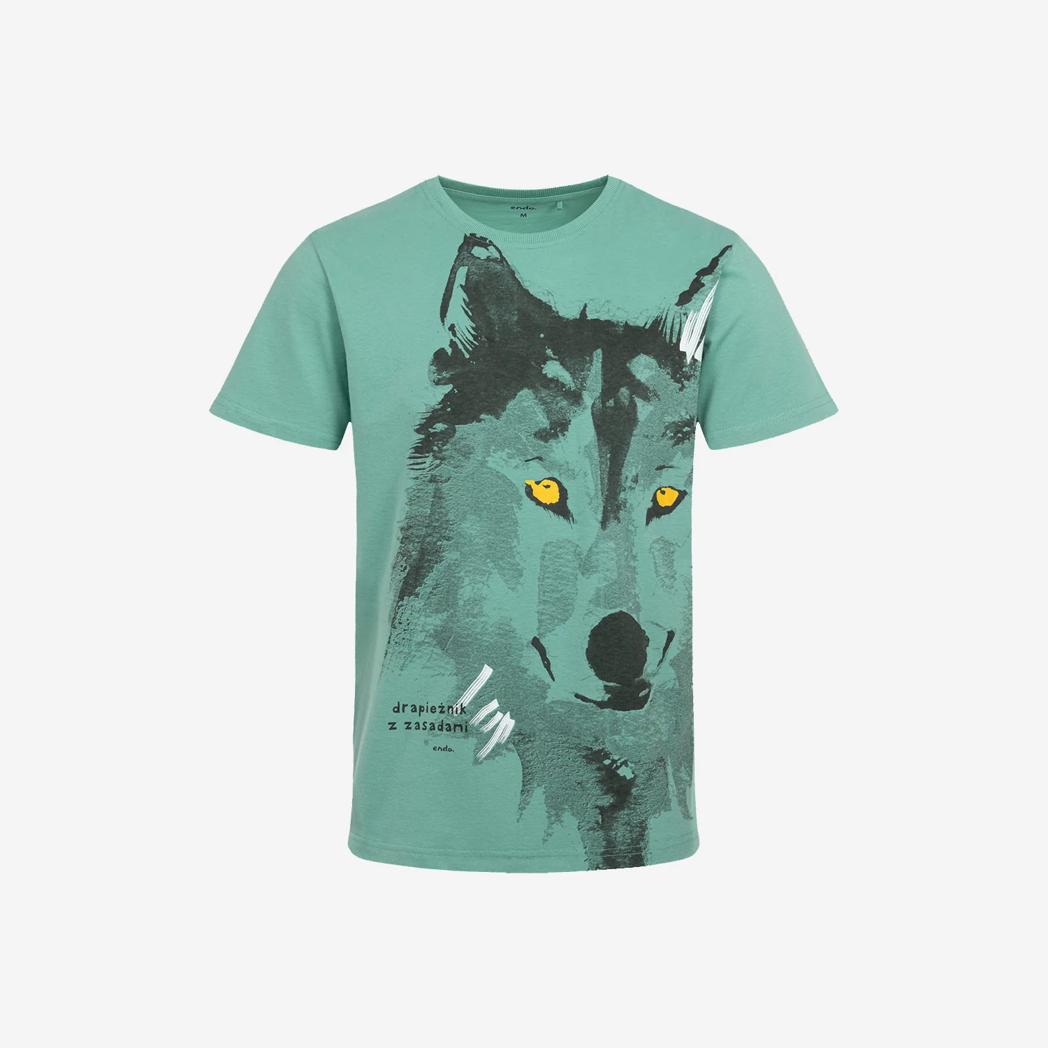 Męski t-shirt z krótkim rękawem, z wilkiem, zielony