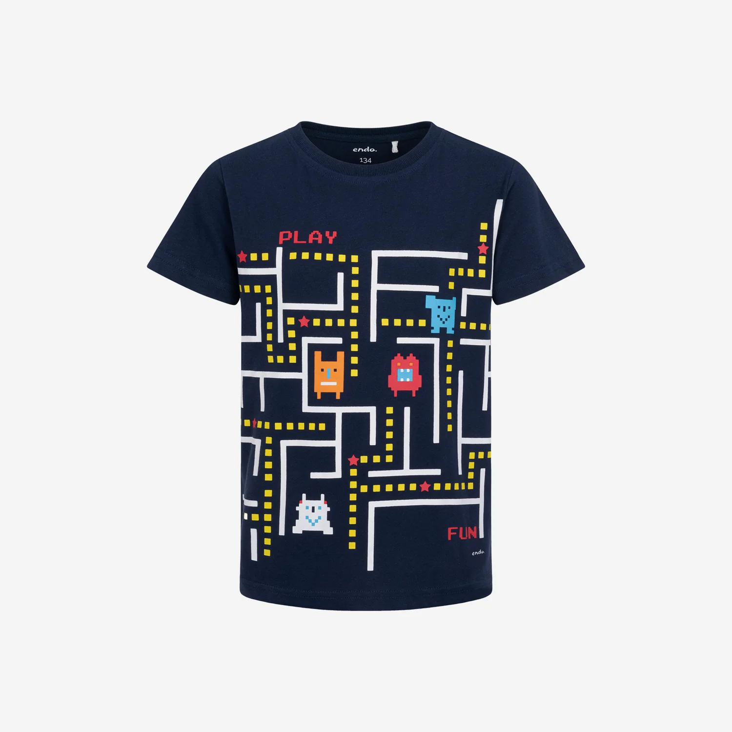 T-shirt z krótkim rękawem dla chłopca, z PACMANEM, granatowy 9-13 lat