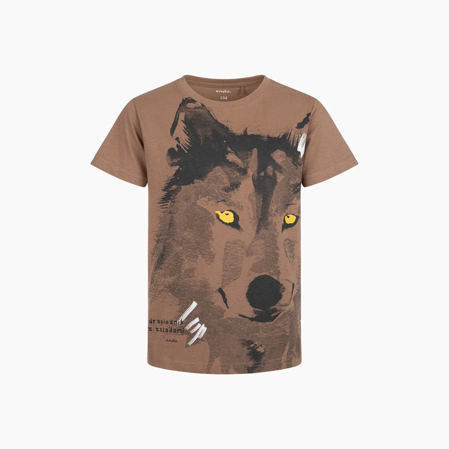 T-shirt z krótkim rękawem dla chłopca, z wilkiem, brązowy 9-13 lat