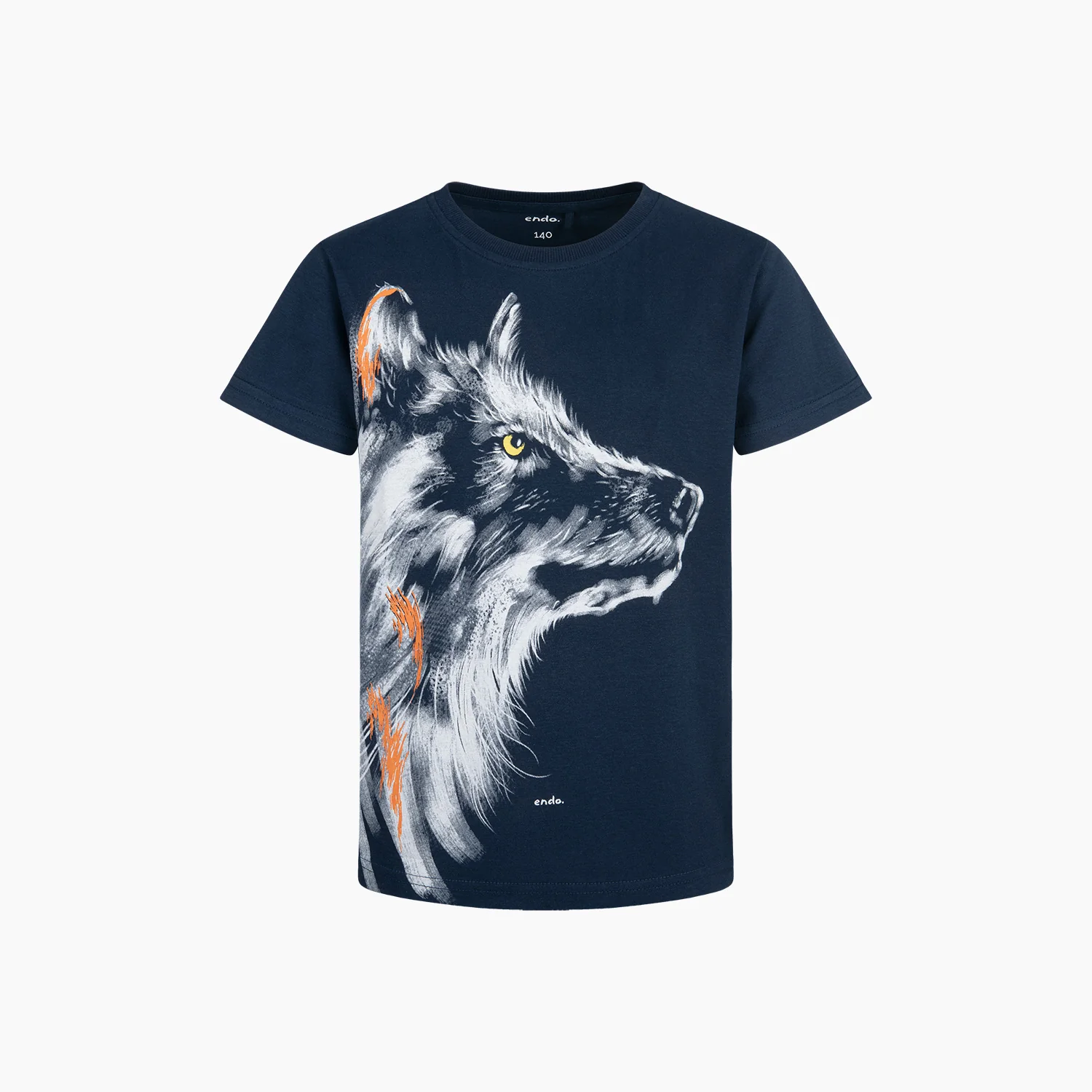 T-shirt z krótkim rękawem dla chłopca, z wilkiem, granatowy 9-13 lat
