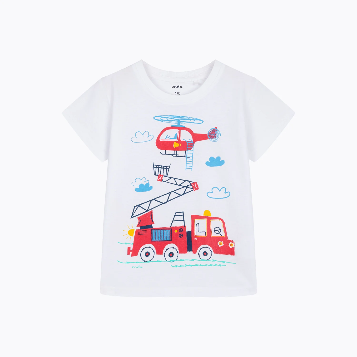 T-shirt z krótkim rękawem dla chłopca, z wozem strażackim, biały 3-6 lat