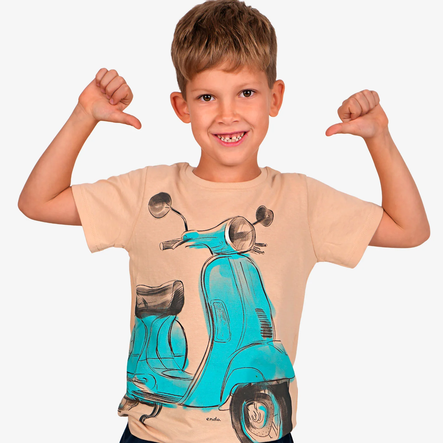T-shirt z krótkim rękawem dla chłopca, ze skuterem, beżowy 9-13 lat - Image 3