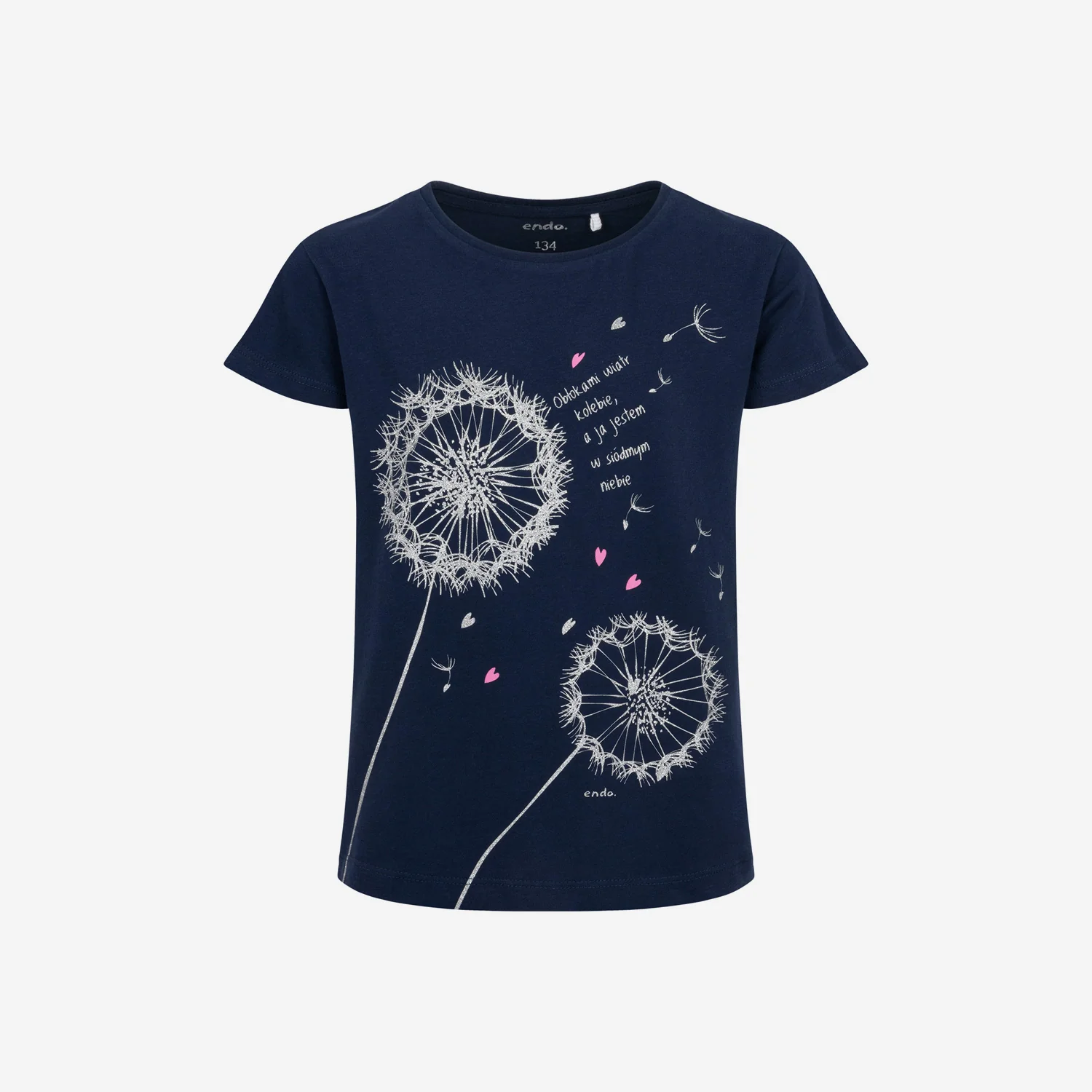 T-shirt z krótkim rękawem dla dziewczynki, z dmuchawcami, granatowy 9-13 lat