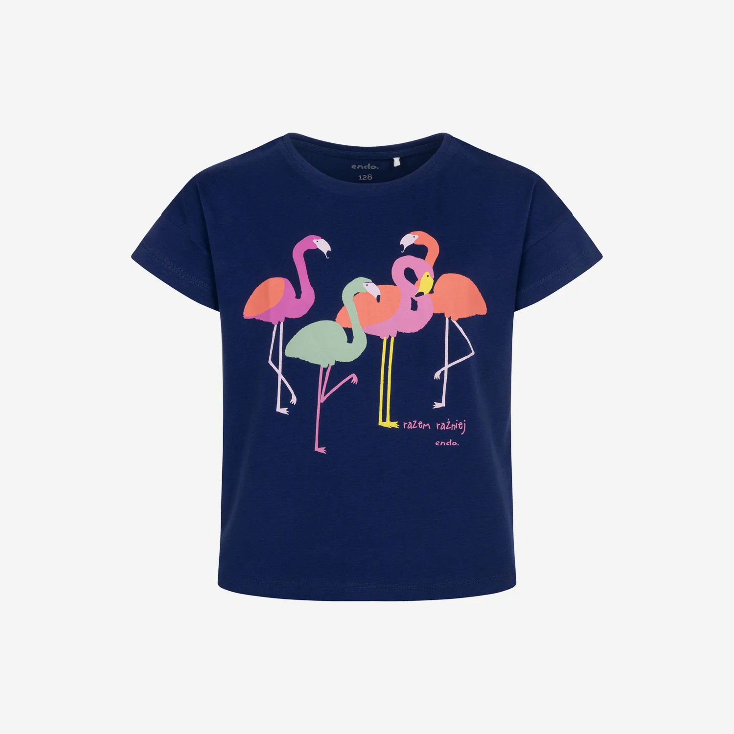 T-shirt z krótkim rękawem dla dziewczynki, z flamingami, granatowy 3-8 lat