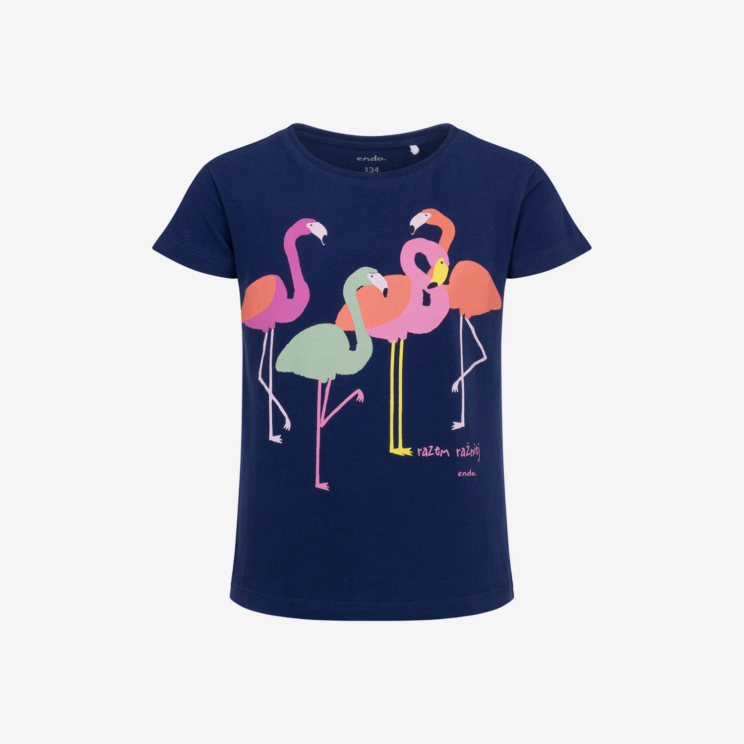 T-shirt z krótkim rękawem dla dziewczynki, z flamingami, granatowy 9-13 lat