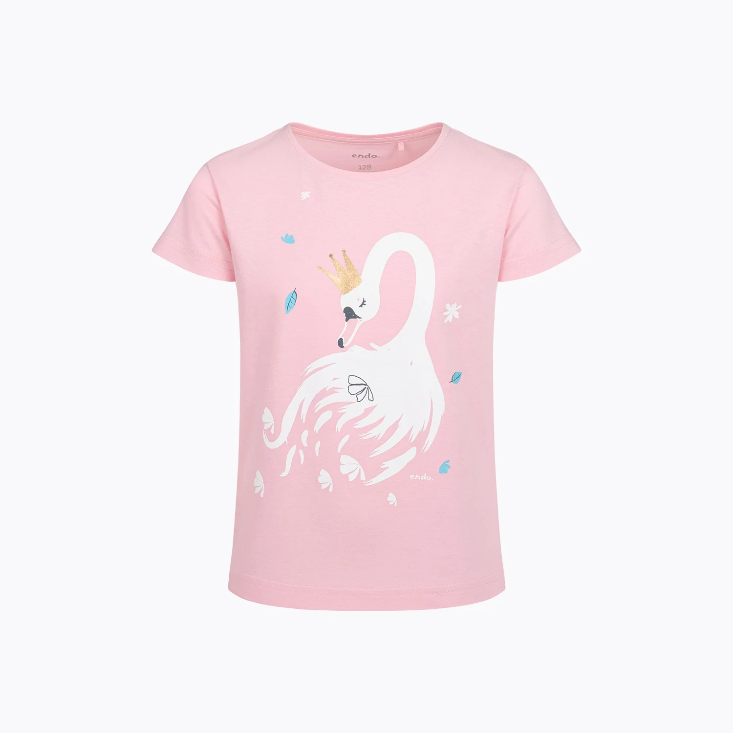 T-shirt z krótkim rękawem dla dziewczynki, z łabędziem, różowy 3-8 lat