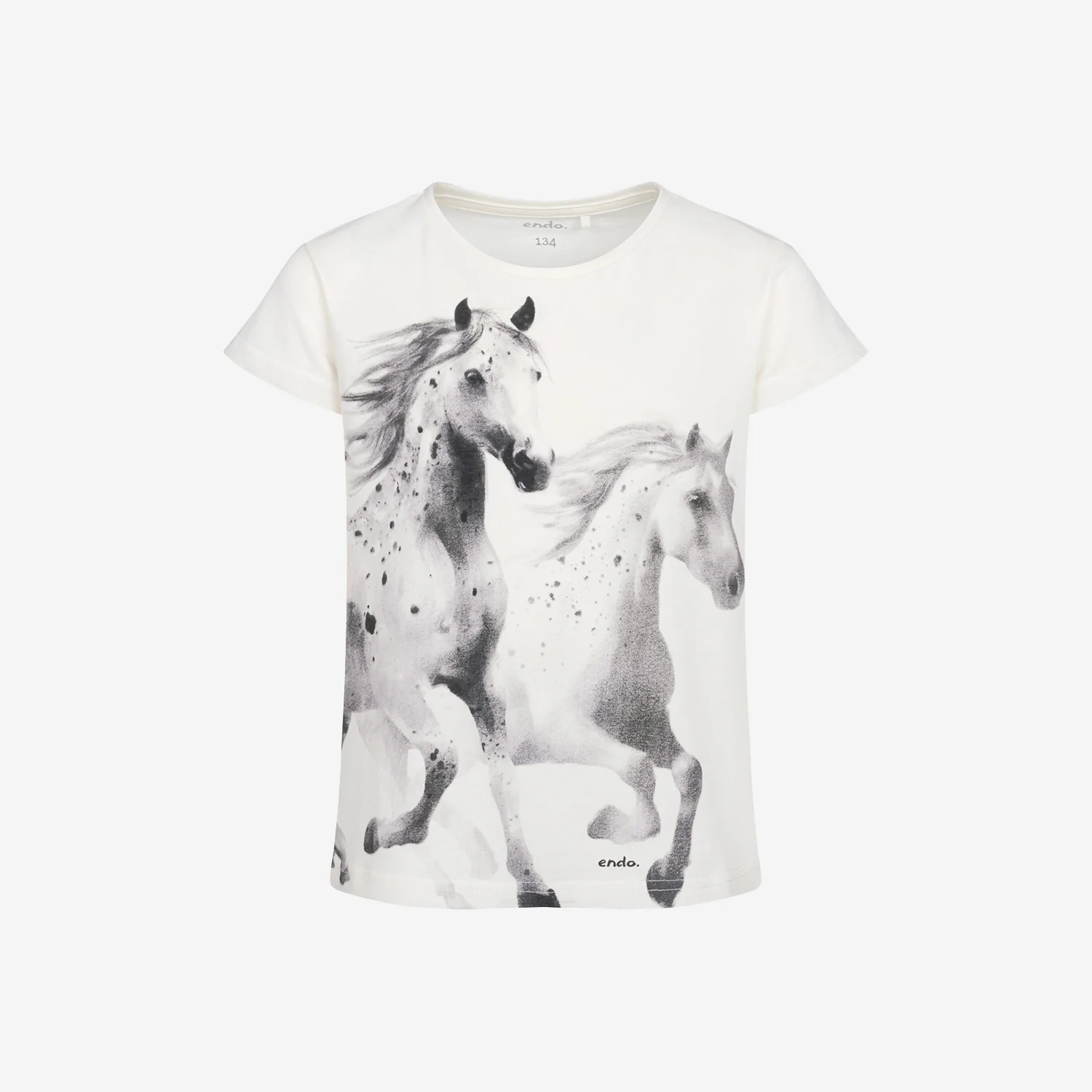 T-shirt z krótkim rękawem dla dziewczynki, z koniami, kremowy 9-13 lat