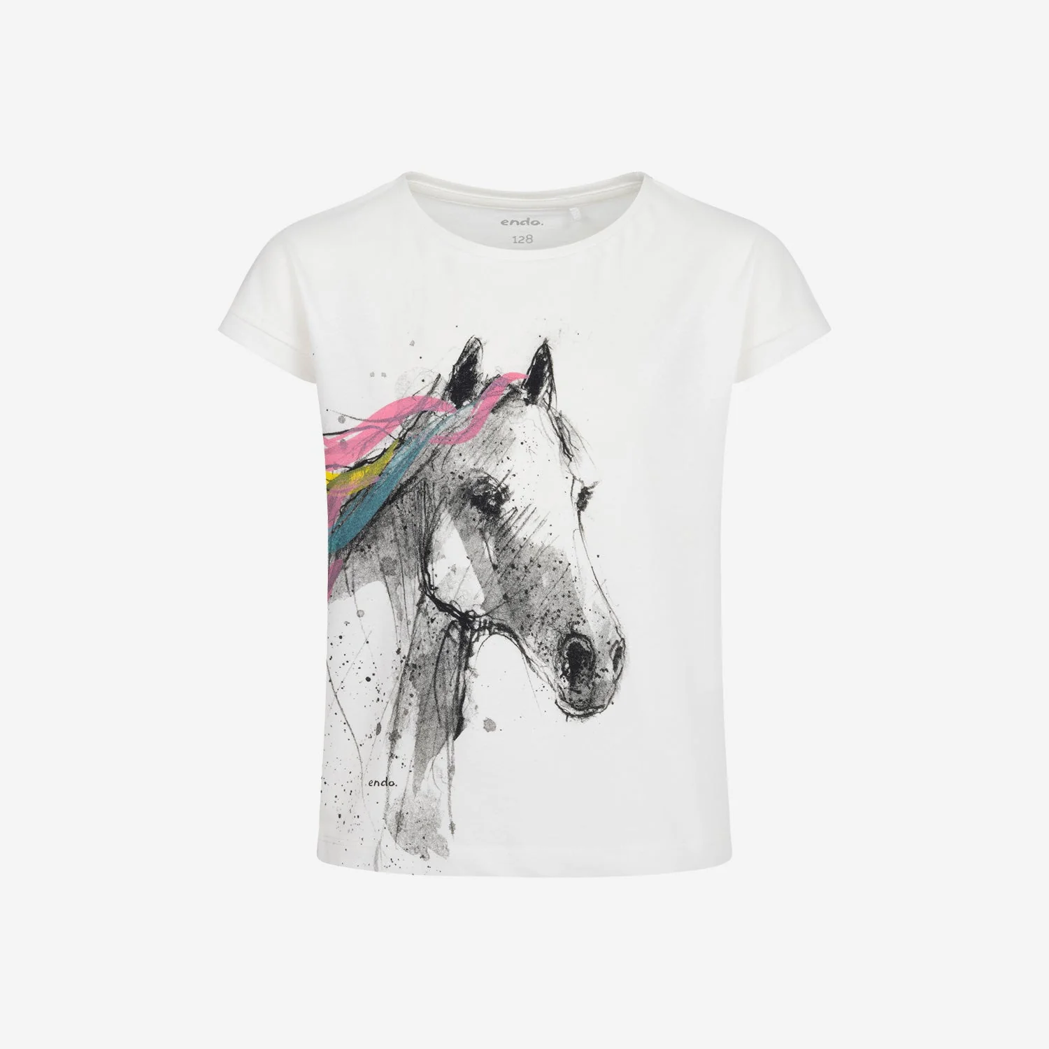 T-shirt z krótkim rękawem dla dziewczynki, z koniem 3-8 lat, Kremowy