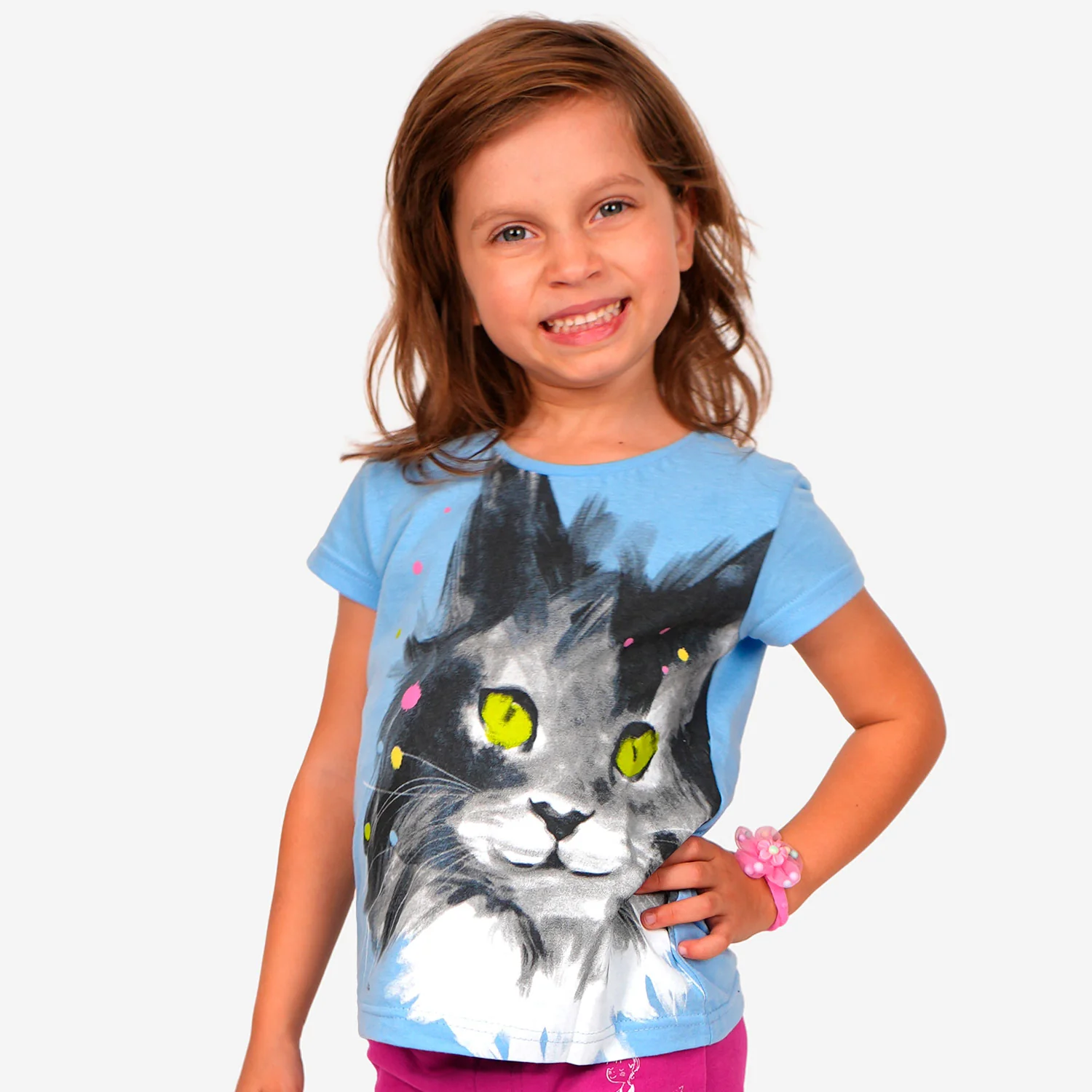 T-shirt z krótkim rękawem dla dziewczynki, z kotem, niebieski 3-8 lat - Image 2