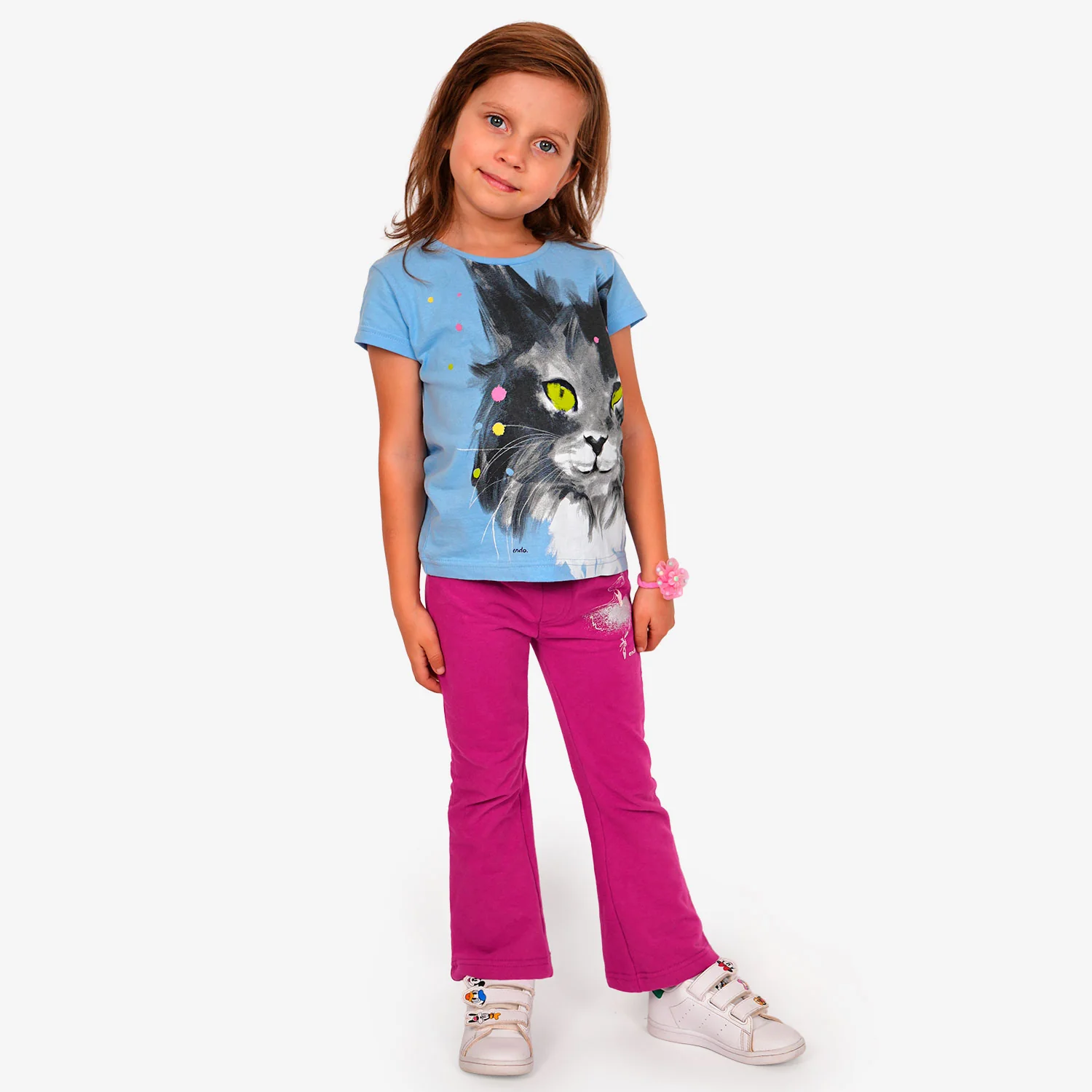 T-shirt z krótkim rękawem dla dziewczynki, z kotem, niebieski 3-8 lat - Image 3