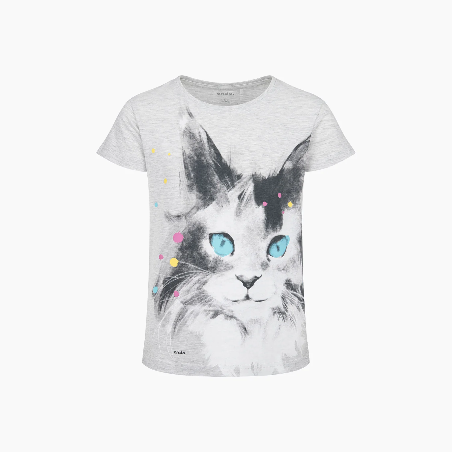 T-shirt z krótkim rękawem dla dziewczynki, z kotem, szary 9-13 lat