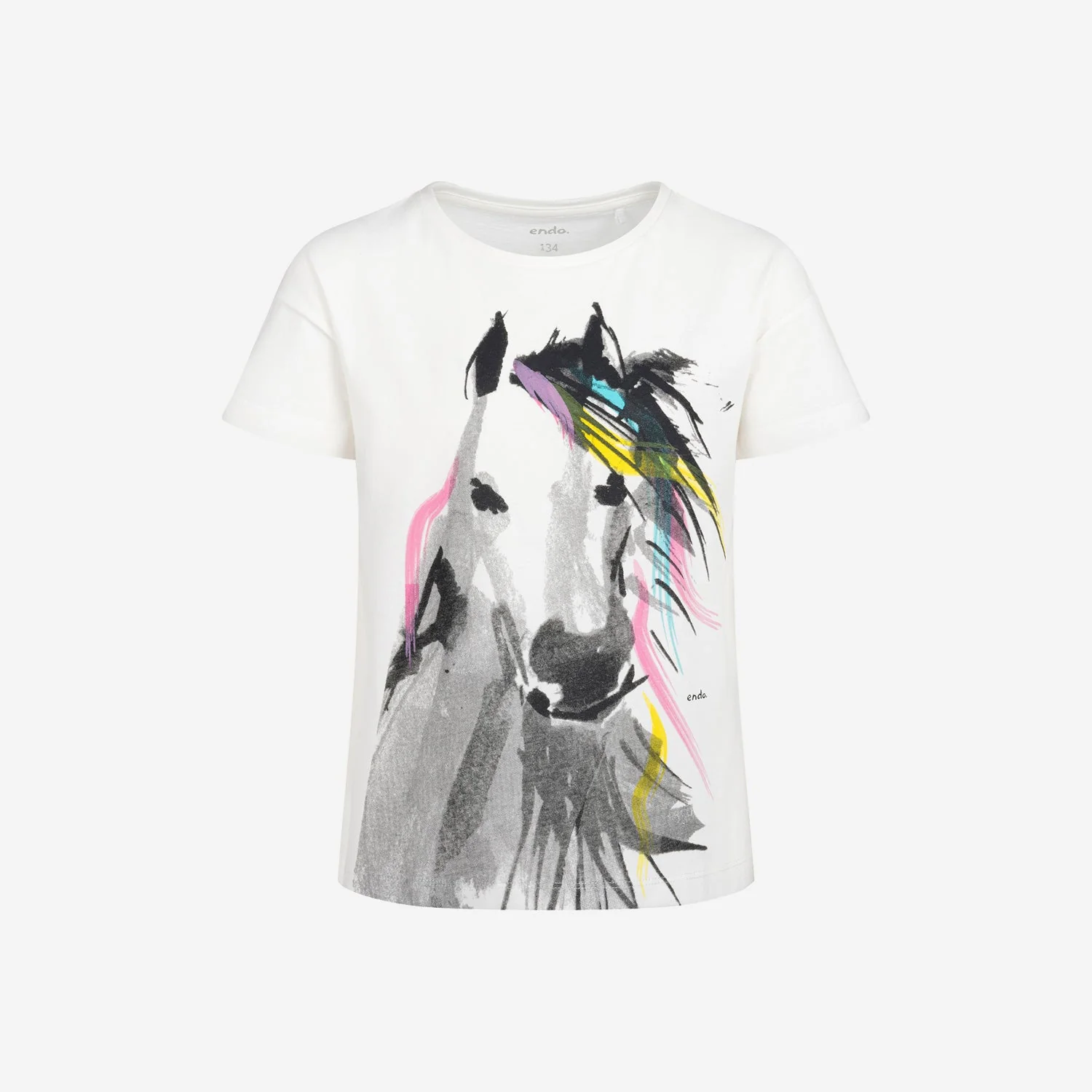 T-shirt z krótkim rękawem dla dziewczynki, z koniem 9-13 lat, Kremowy