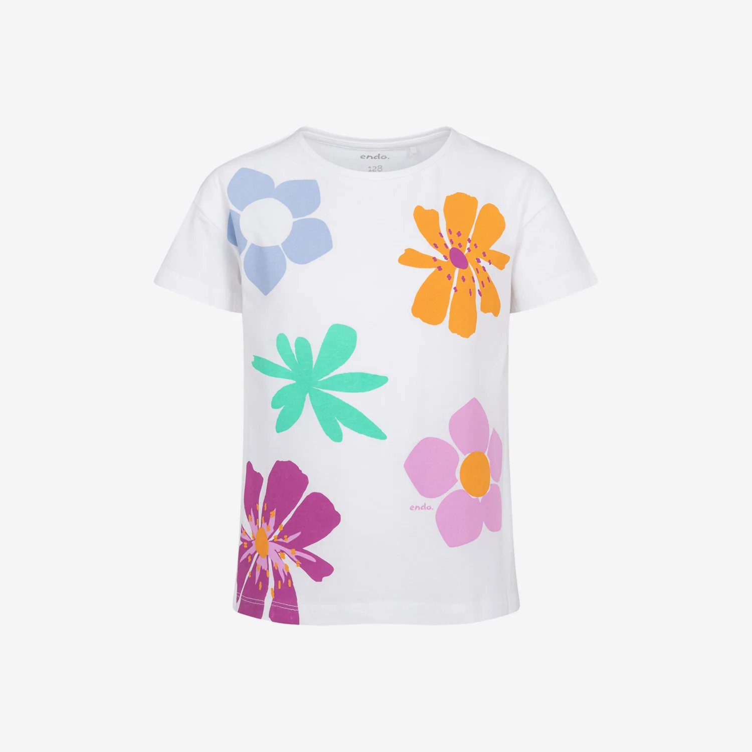 T-shirt z krótkim rękawem dla dziewczynki, z kwiatkami, biały 3-8 lat