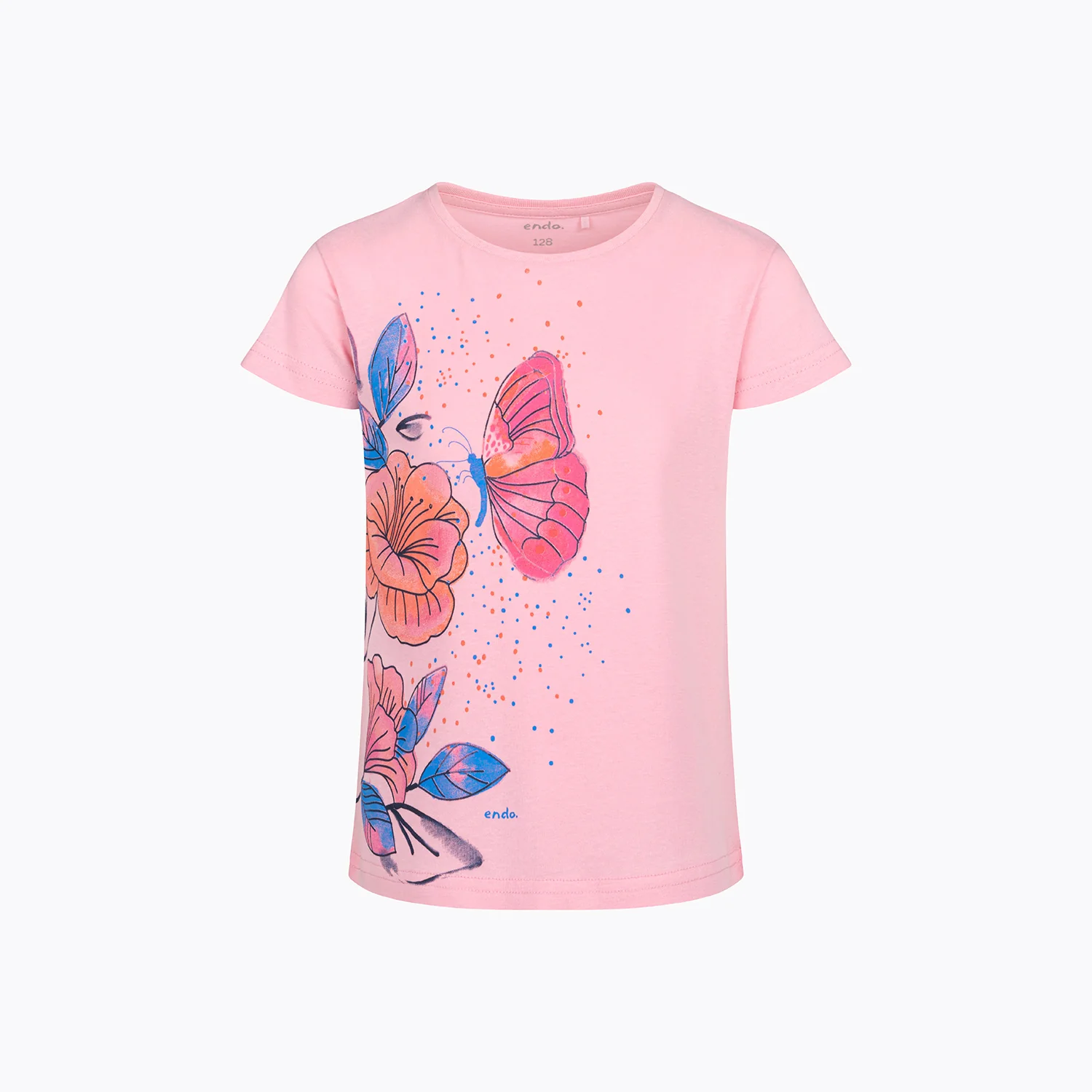 T-shirt z krótkim rękawem dla dziewczynki, z motylem i kwiatami, różowa 3-8 lat