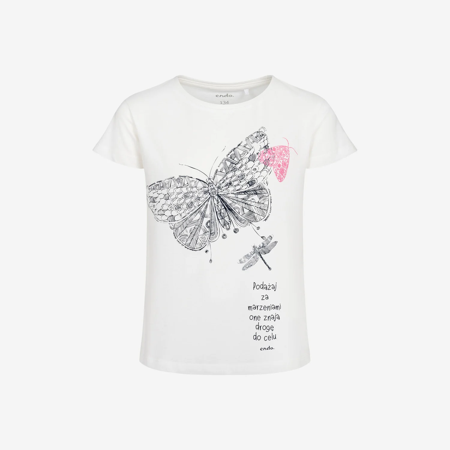 T-shirt z krótkim rękawem dla dziewczynki, z motylem i ważką, biały, 9-13 lat